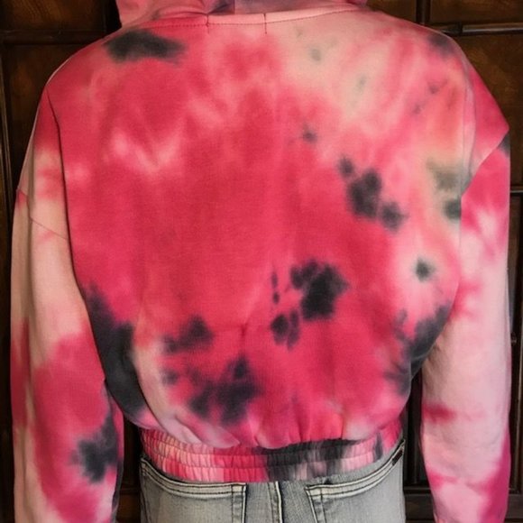 Raspberry Fleece Lined Cotton Blend Cropped Tie Dye Sweatshirt Hoodie - Picture 13 of 15